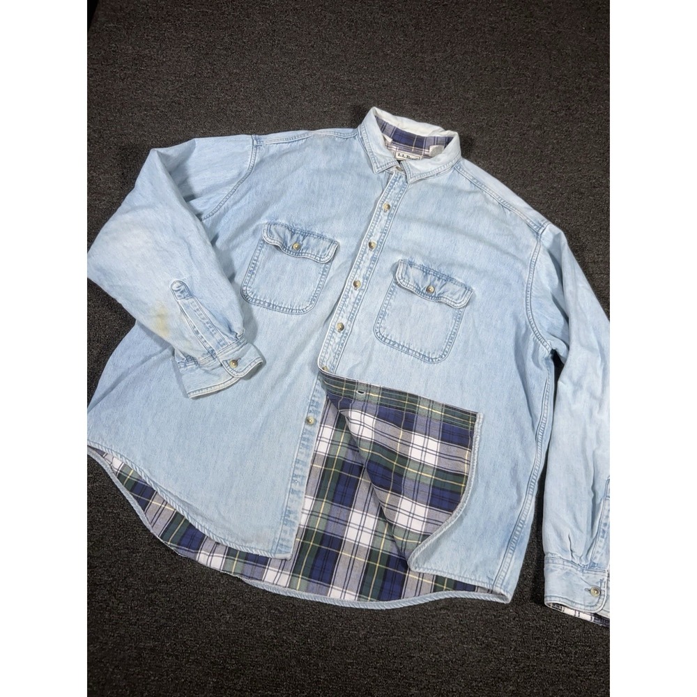 Vintage LL Bean Denim Shirt Men's 2XL Blue Hurricane Flannel Lined Distressed